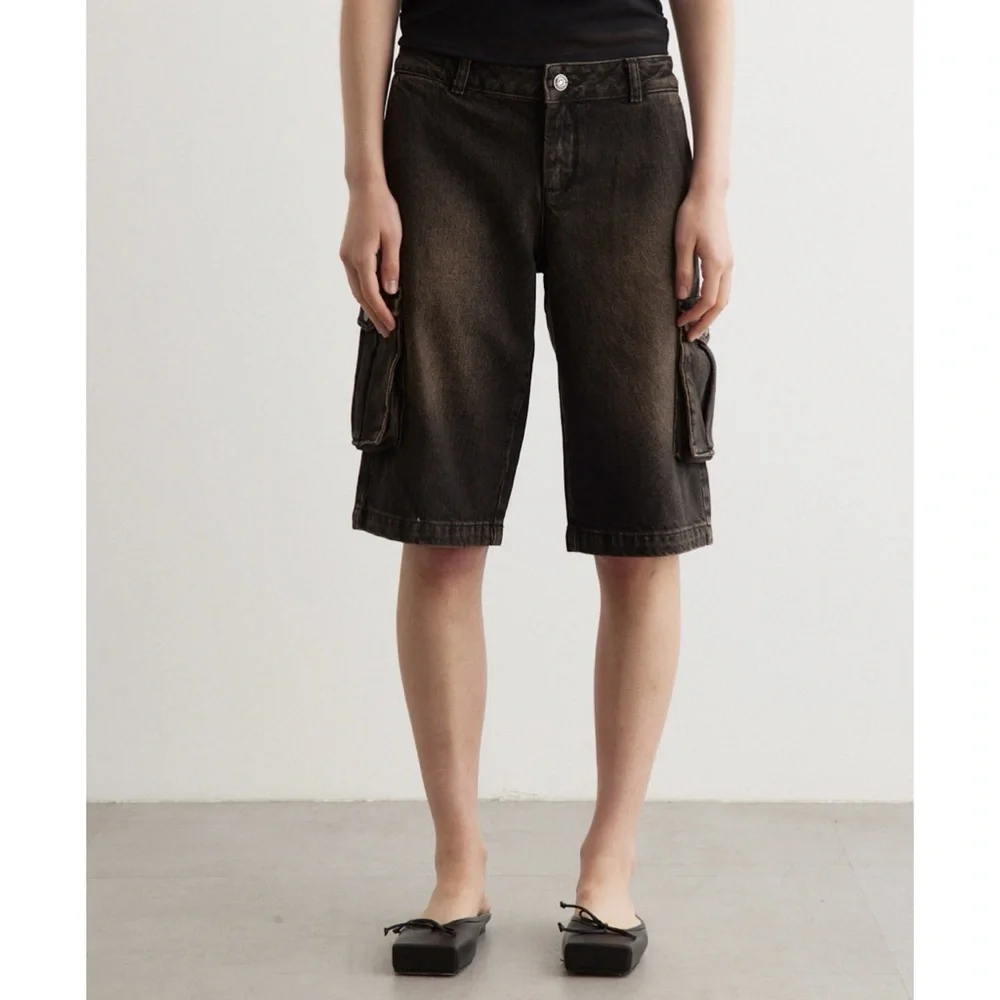 Miaou Dune Denim Cargo Shorts (Sz L) Low Rise Ochre Brown - Picture 2 of 16